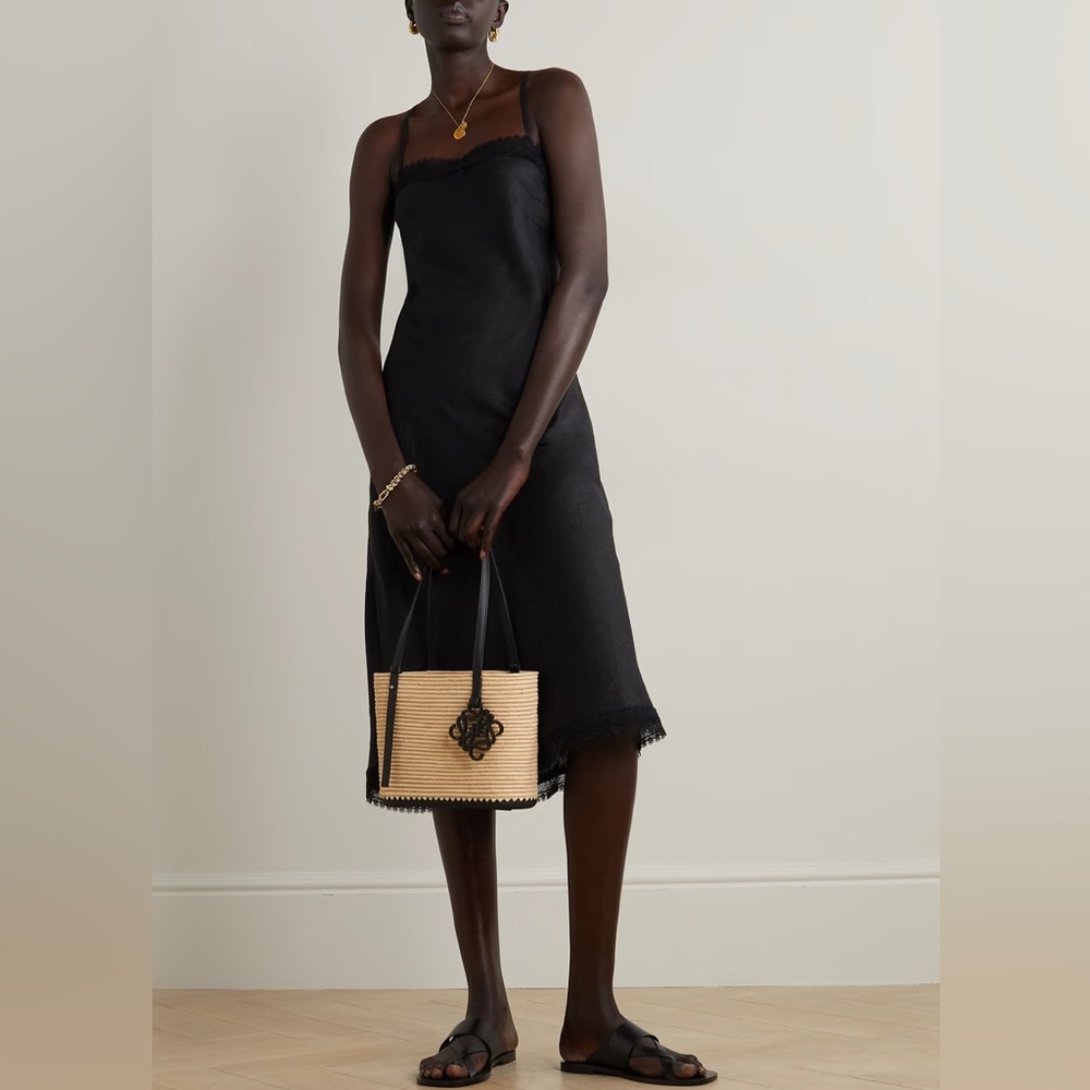 Waimari Audrey tie-detailed‎ lace-trimmed linen Gold midi dress